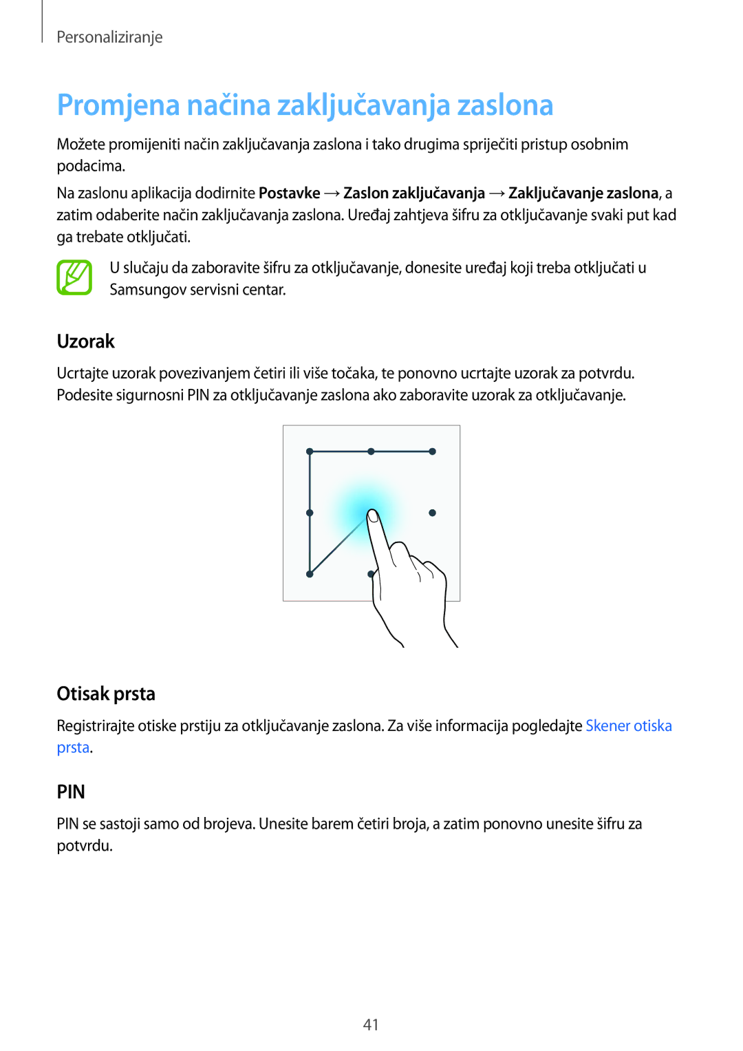 Samsung SM-G901FZKAVIP manual Promjena načina zaključavanja zaslona, Uzorak, Otisak prsta 