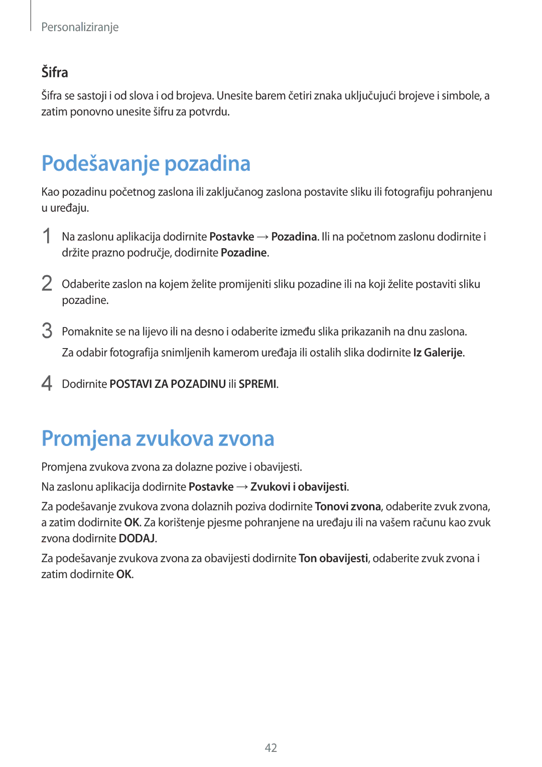 Samsung SM-G901FZKAVIP manual Podešavanje pozadina, Promjena zvukova zvona, Šifra, Dodirnite Postavi ZA Pozadinu ili Spremi 