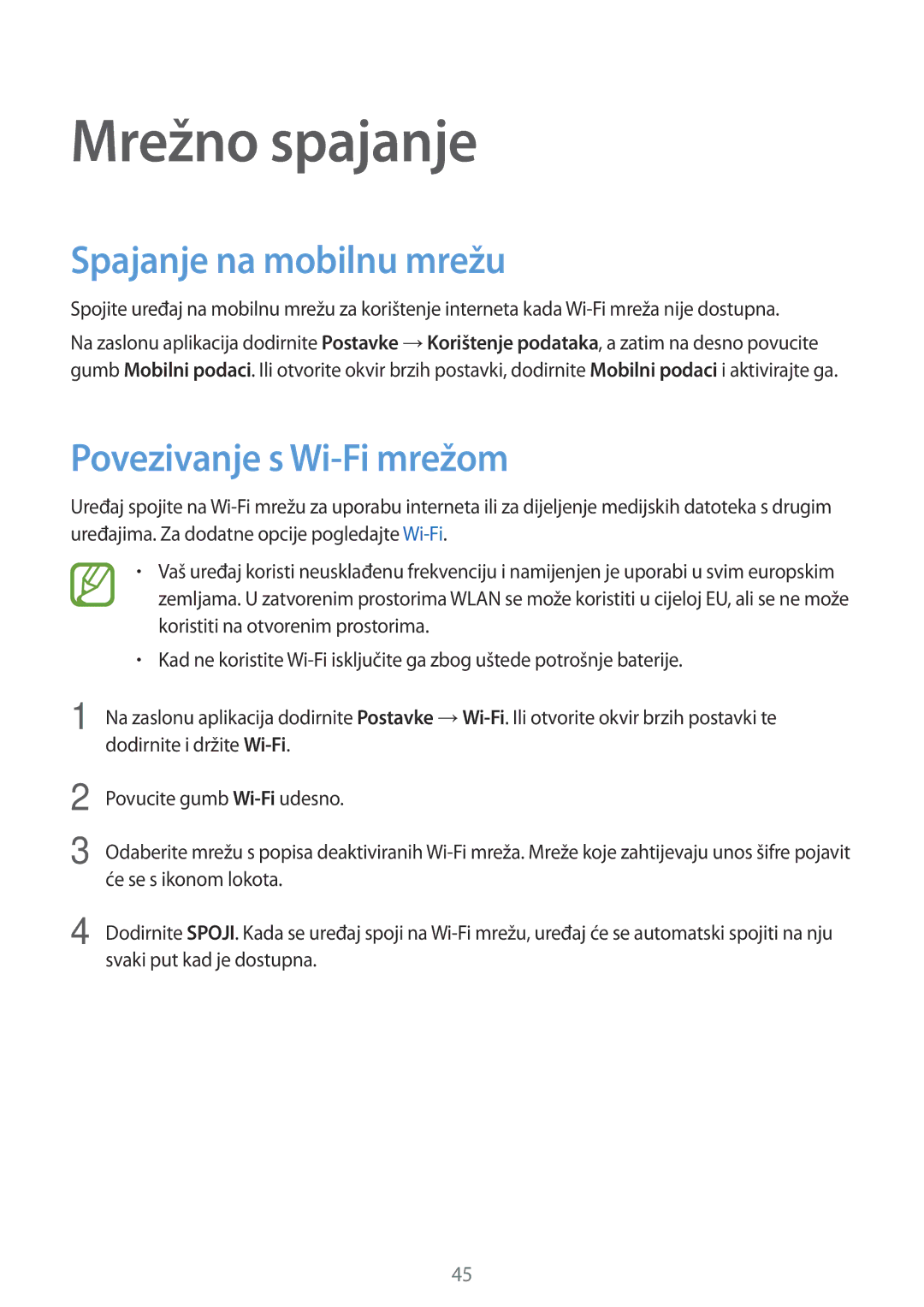 Samsung SM-G901FZKAVIP manual Mrežno spajanje, Spajanje na mobilnu mrežu, Povezivanje s Wi-Fi mrežom 