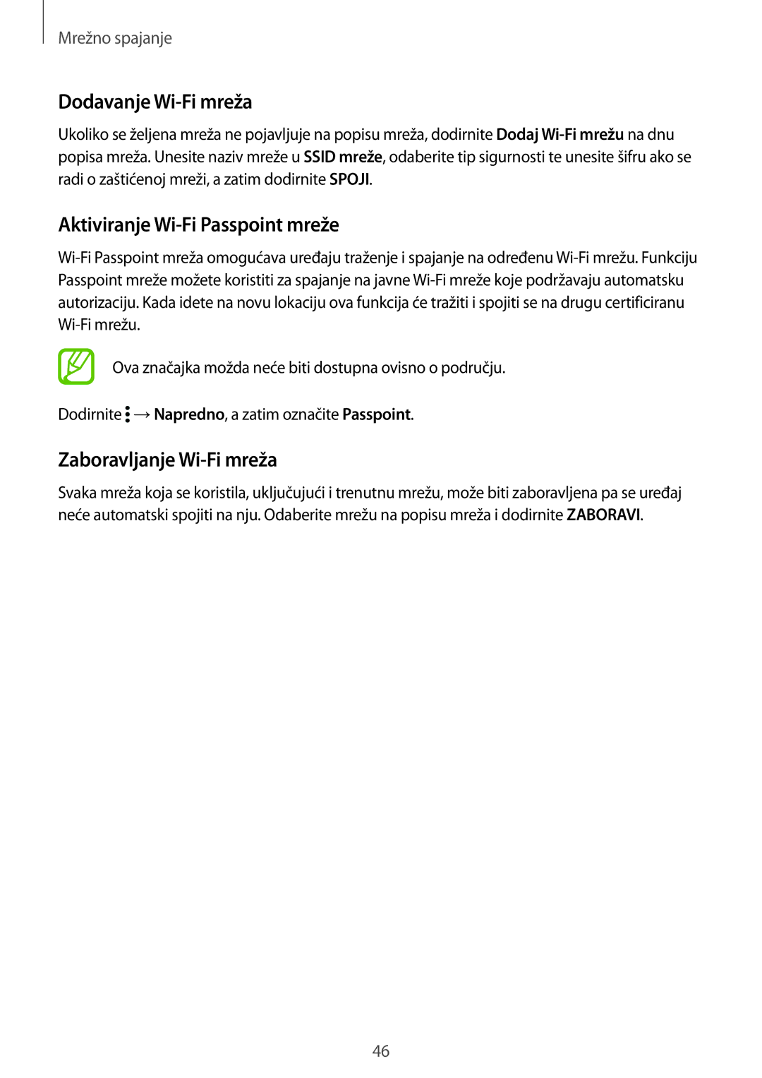 Samsung SM-G901FZKAVIP manual Dodavanje Wi-Fi mreža, Aktiviranje Wi-Fi Passpoint mreže, Zaboravljanje Wi-Fi mreža 