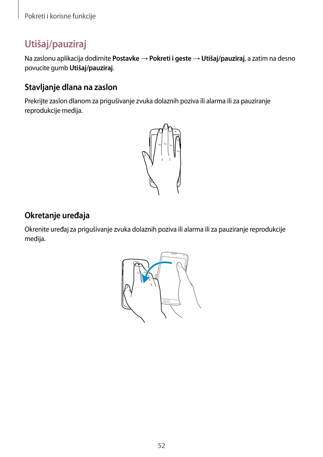 Samsung SM-G901FZKAVIP manual Utišaj/pauziraj, Stavljanje dlana na zaslon, Okretanje uređaja 