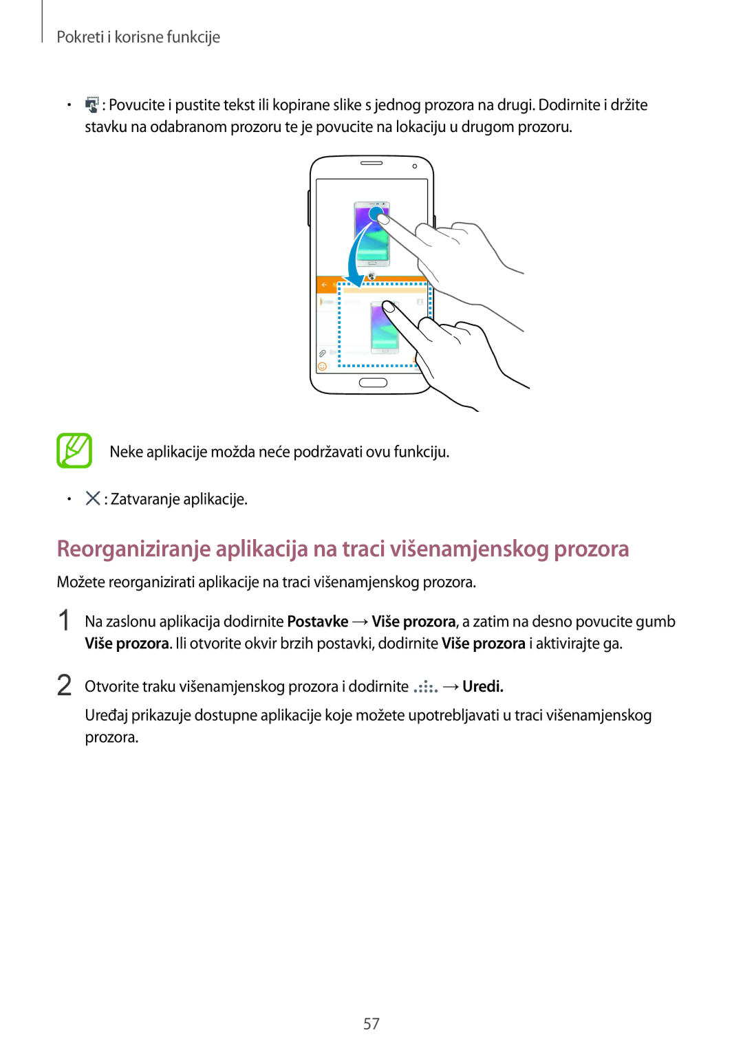 Samsung SM-G901FZKAVIP manual Reorganiziranje aplikacija na traci višenamjenskog prozora 