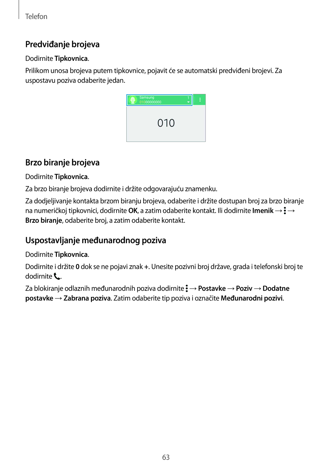 Samsung SM-G901FZKAVIP manual Predviđanje brojeva, Brzo biranje brojeva, Uspostavljanje međunarodnog poziva 