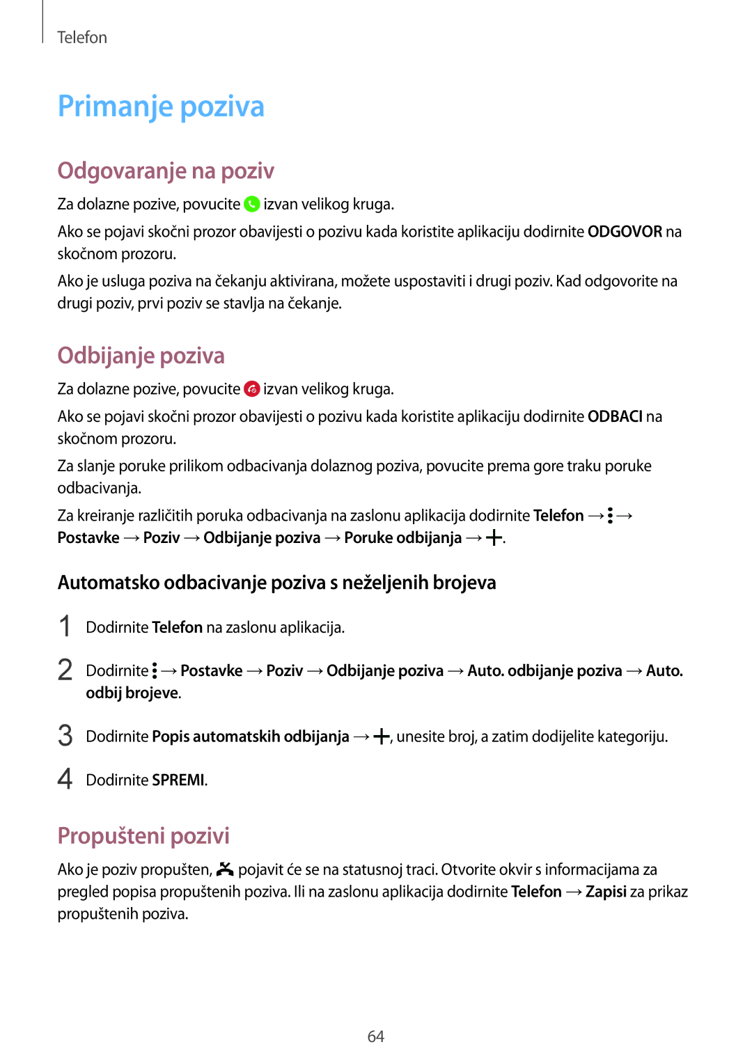 Samsung SM-G901FZKAVIP manual Primanje poziva, Odgovaranje na poziv, Odbijanje poziva, Propušteni pozivi 