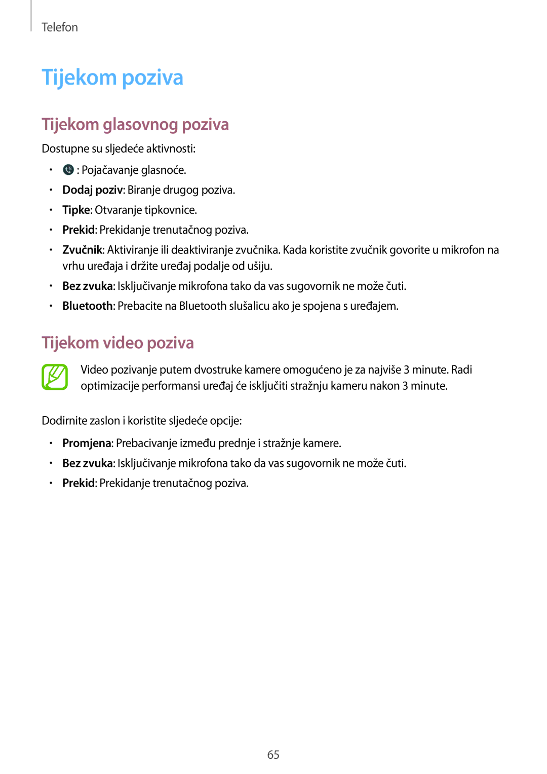Samsung SM-G901FZKAVIP manual Tijekom poziva, Tijekom glasovnog poziva, Tijekom video poziva 