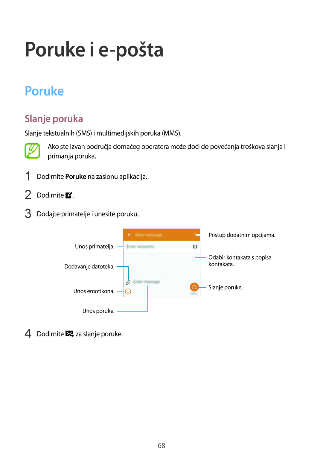 Samsung SM-G901FZKAVIP manual Poruke i e-pošta, Slanje poruka 