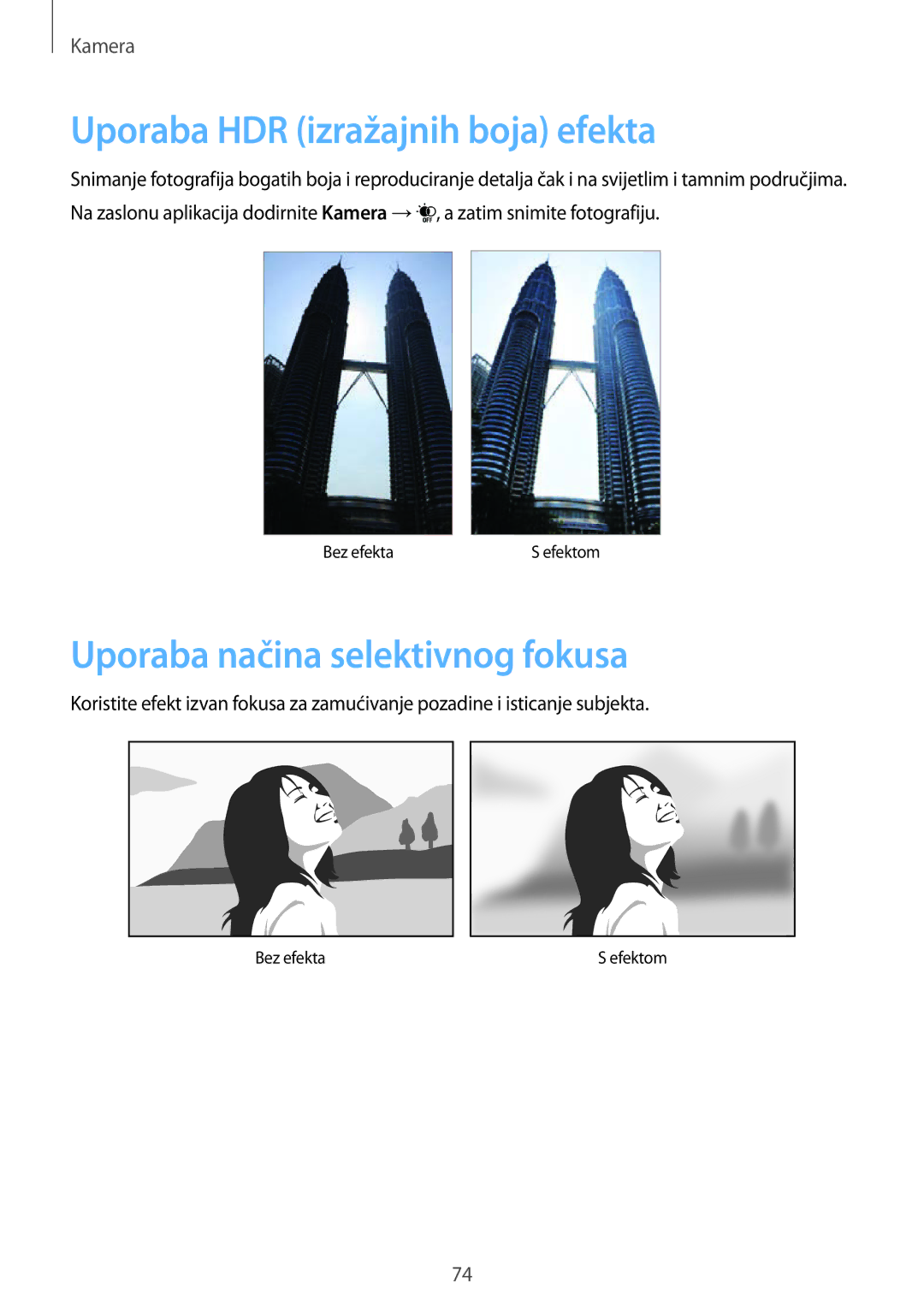 Samsung SM-G901FZKAVIP manual Uporaba HDR izražajnih boja efekta, Uporaba načina selektivnog fokusa 