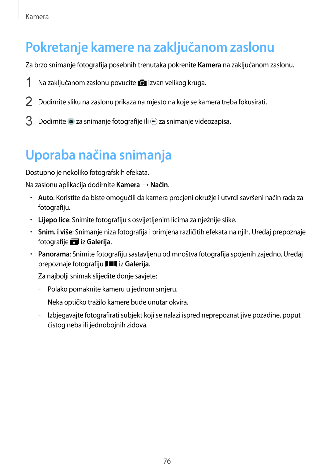 Samsung SM-G901FZKAVIP manual Pokretanje kamere na zaključanom zaslonu, Uporaba načina snimanja 