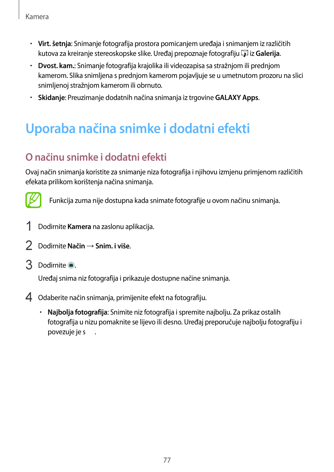 Samsung SM-G901FZKAVIP manual Uporaba načina snimke i dodatni efekti, Načinu snimke i dodatni efekti 