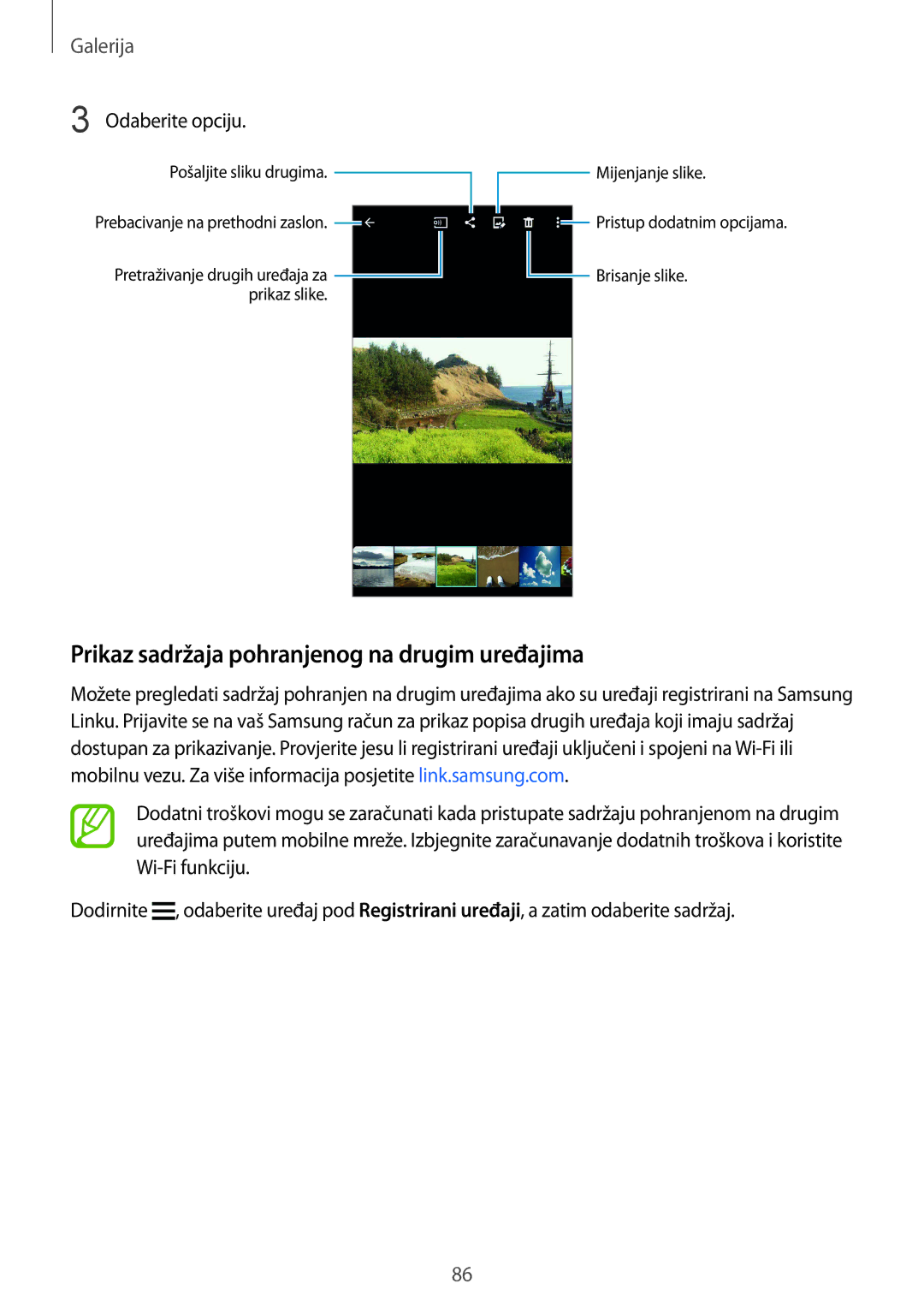 Samsung SM-G901FZKAVIP manual Prikaz sadržaja pohranjenog na drugim uređajima, Galerija 