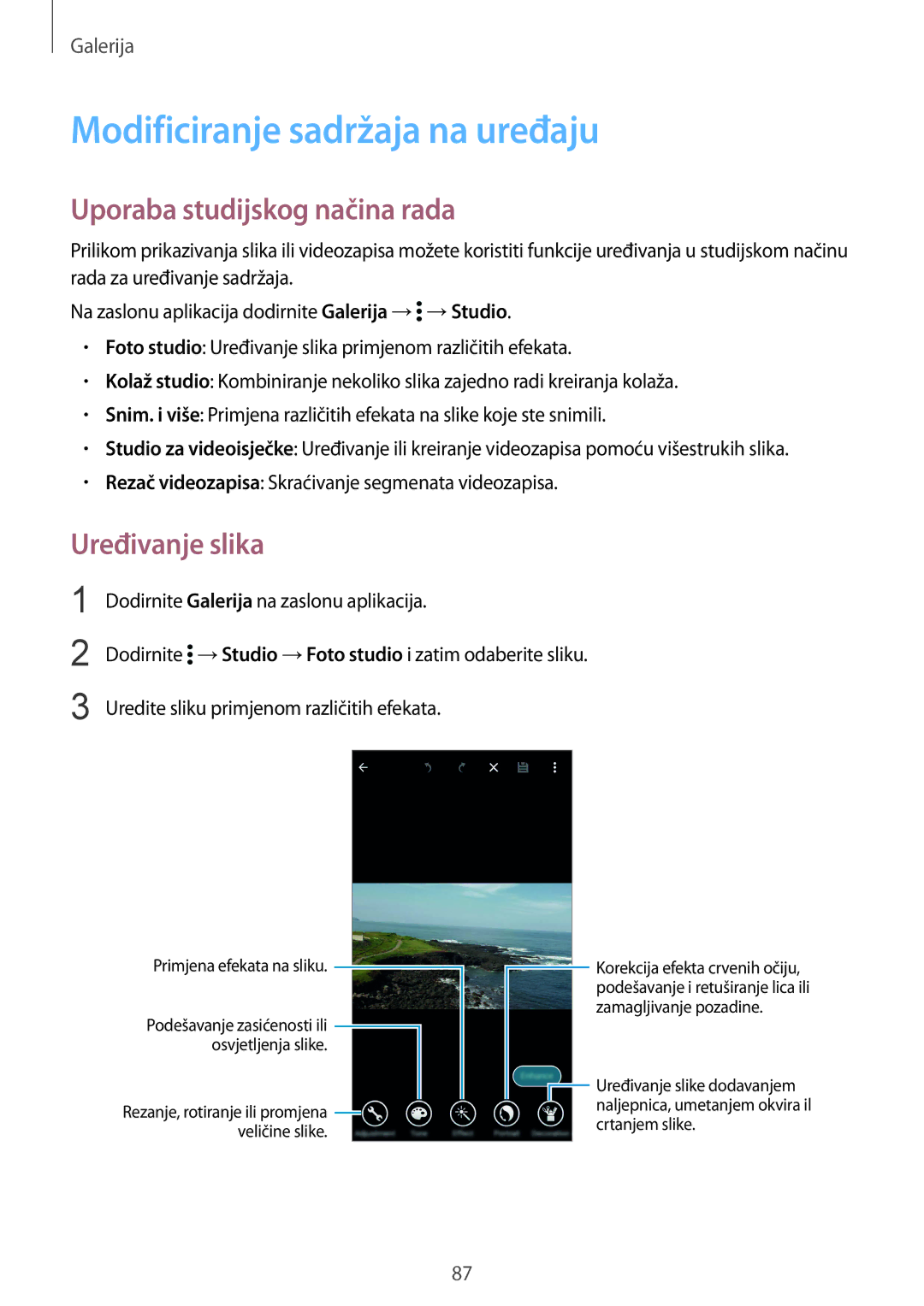 Samsung SM-G901FZKAVIP manual Modificiranje sadržaja na uređaju, Uporaba studijskog načina rada, Uređivanje slika 