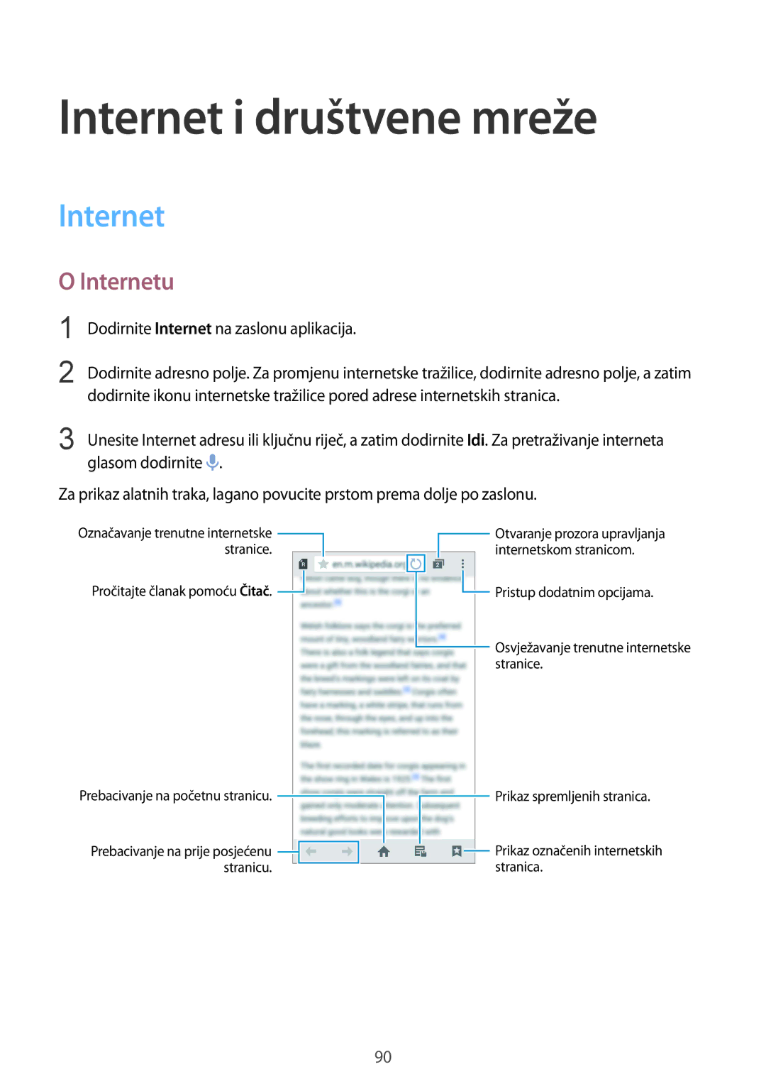 Samsung SM-G901FZKAVIP manual Internet i društvene mreže, Internetu 