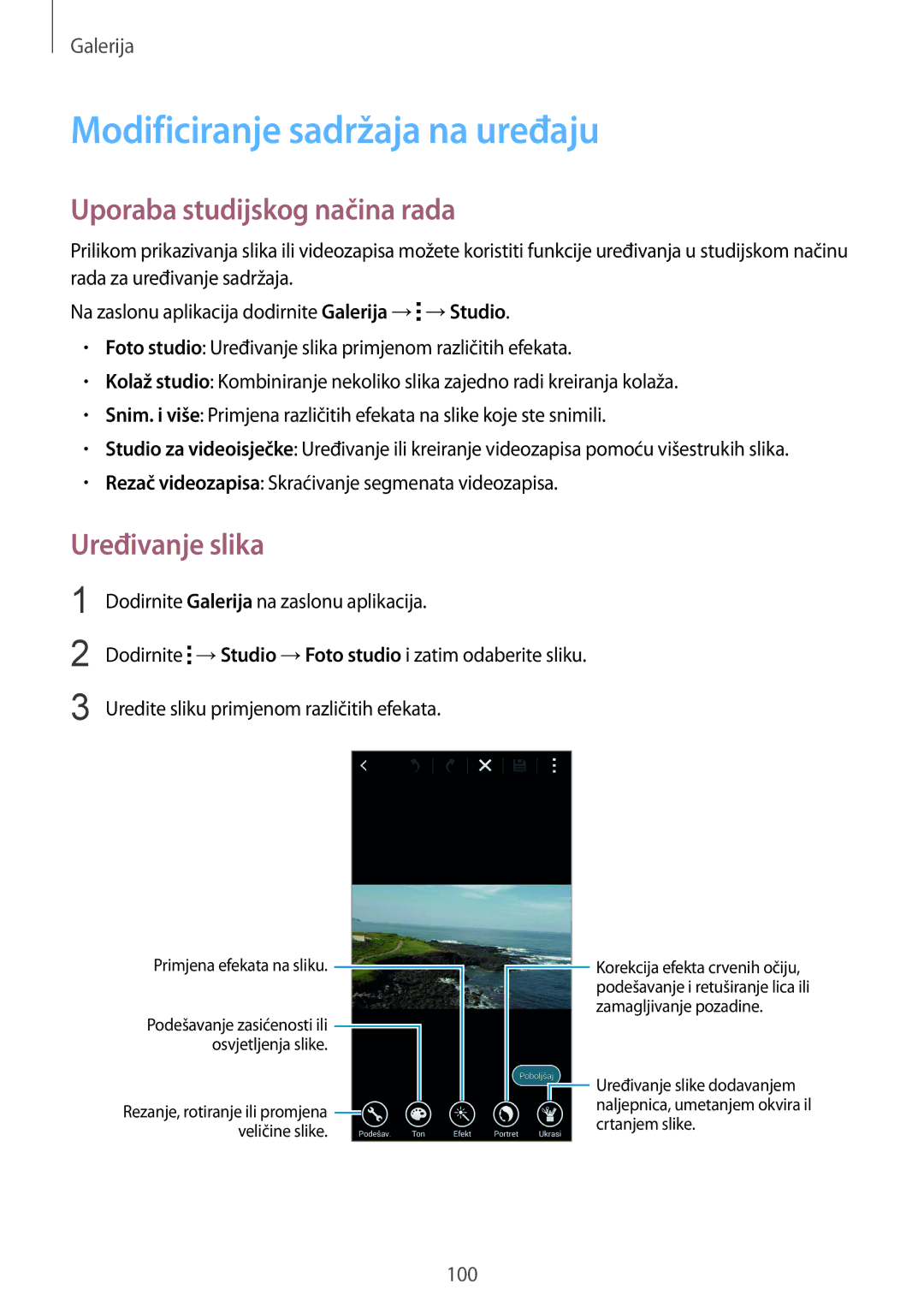 Samsung SM-G901FZKAVIP manual Modificiranje sadržaja na uređaju, Uporaba studijskog načina rada, Uređivanje slika 