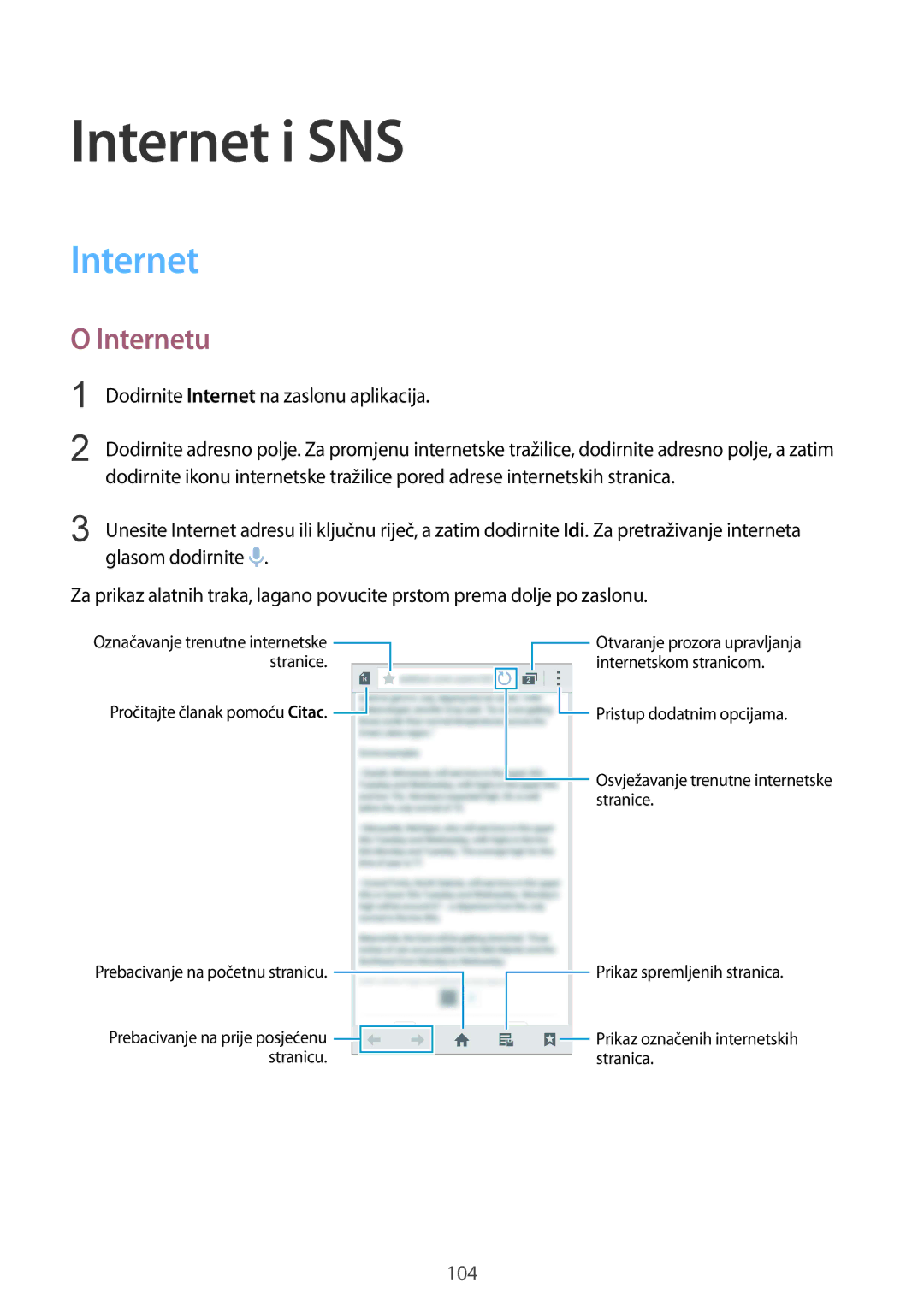 Samsung SM-G901FZKAVIP manual Internet i SNS, Internetu, Dodirnite Internet na zaslonu aplikacija 