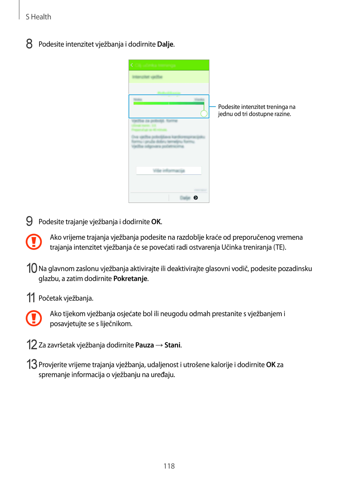 Samsung SM-G901FZKAVIP manual Podesite intenzitet vježbanja i dodirnite Dalje, Podesite trajanje vježbanja i dodirnite OK 