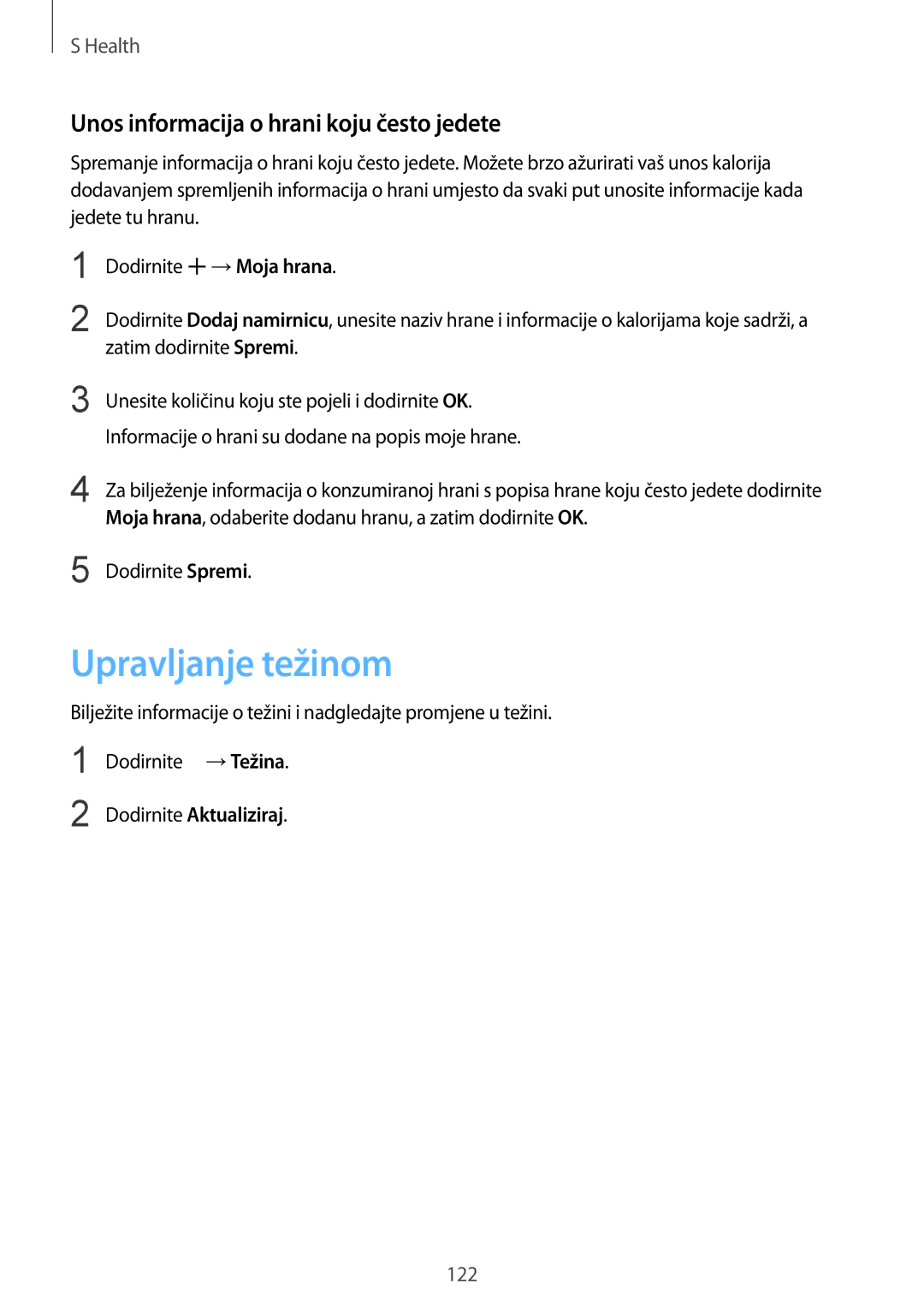 Samsung SM-G901FZKAVIP manual Upravljanje težinom, Unos informacija o hrani koju često jedete 