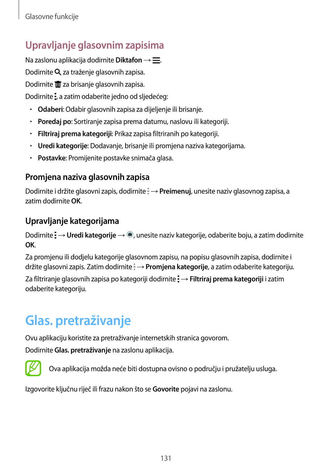 Samsung SM-G901FZKAVIP manual Glas. pretraživanje, Upravljanje glasovnim zapisima, Promjena naziva glasovnih zapisa 