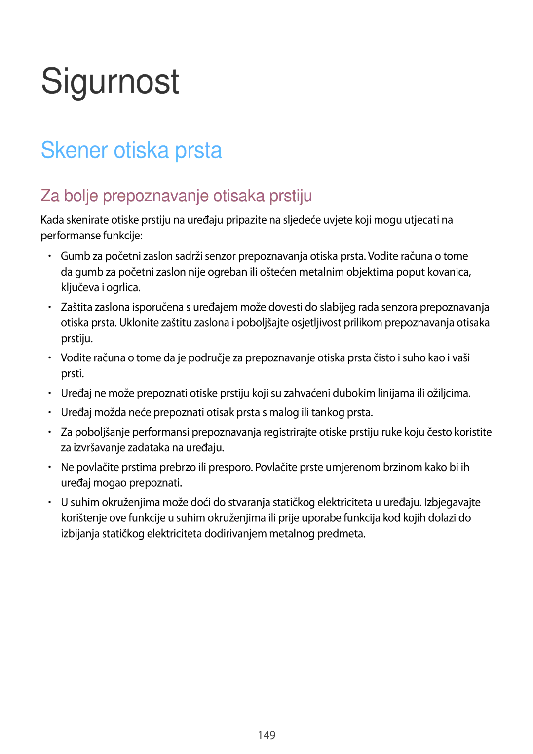 Samsung SM-G901FZKAVIP manual Sigurnost, Skener otiska prsta, Za bolje prepoznavanje otisaka prstiju 