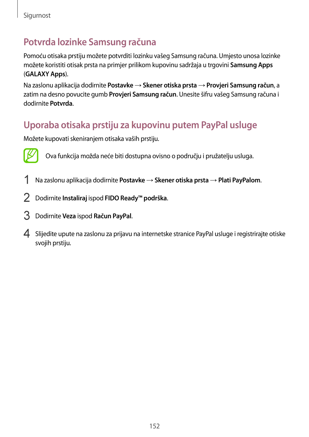 Samsung SM-G901FZKAVIP manual Potvrda lozinke Samsung računa, Uporaba otisaka prstiju za kupovinu putem PayPal usluge 