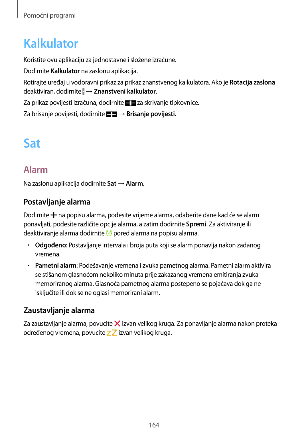 Samsung SM-G901FZKAVIP manual Kalkulator, Sat, Alarm, Postavljanje alarma, Zaustavljanje alarma 