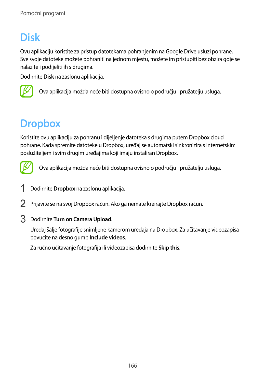 Samsung SM-G901FZKAVIP manual Disk, Dropbox, Dodirnite Turn on Camera Upload 