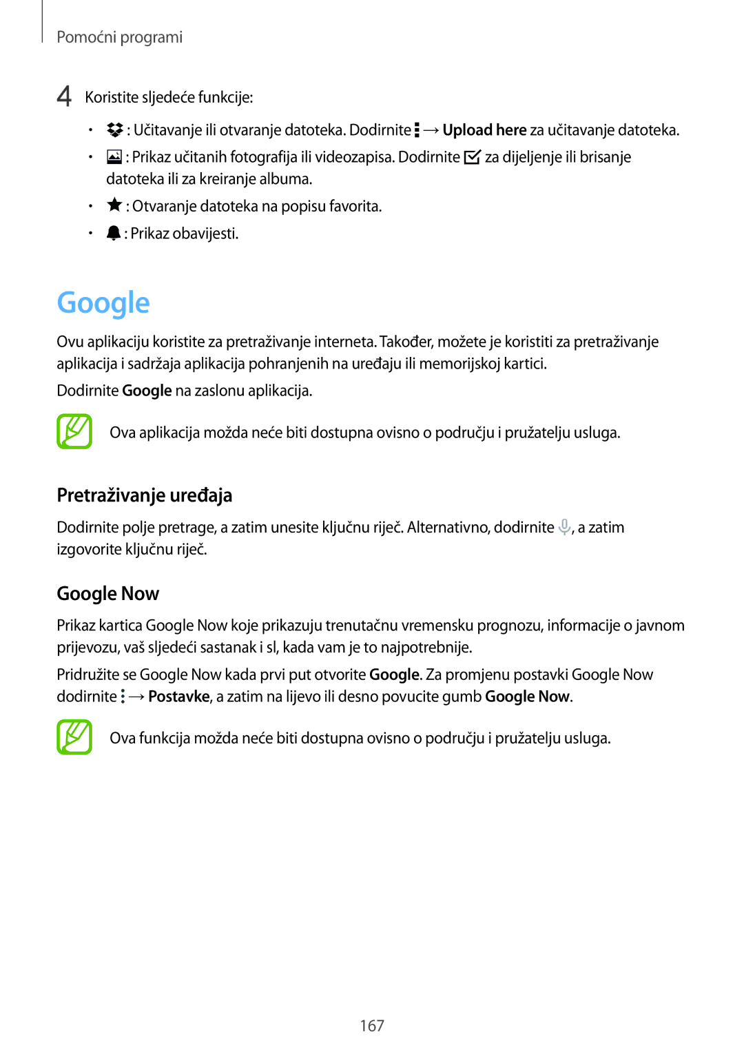 Samsung SM-G901FZKAVIP manual Pretraživanje uređaja, Google Now, Koristite sljedeće funkcije 
