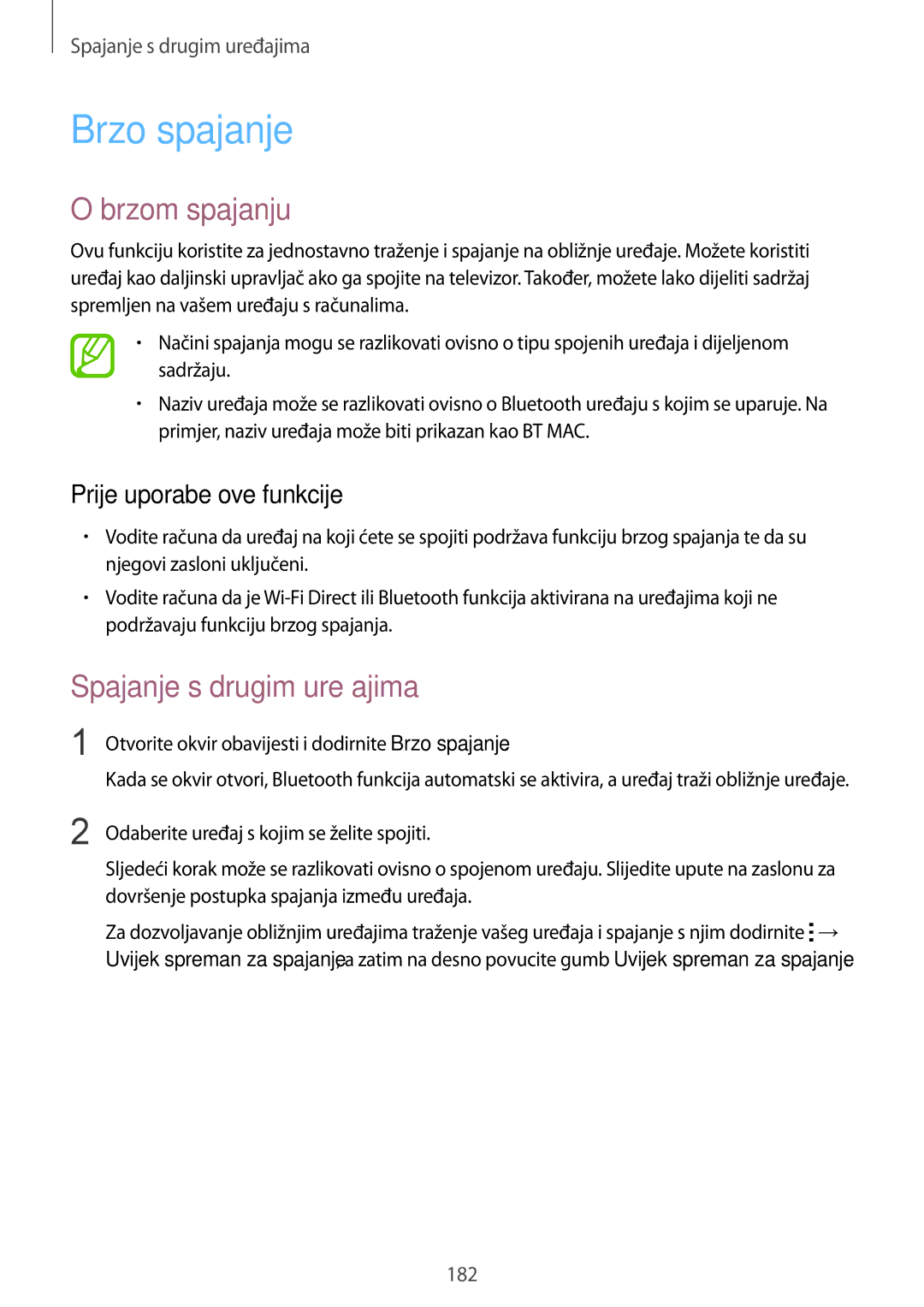 Samsung SM-G901FZKAVIP manual Brzo spajanje, Brzom spajanju, Spajanje s drugim uređajima 