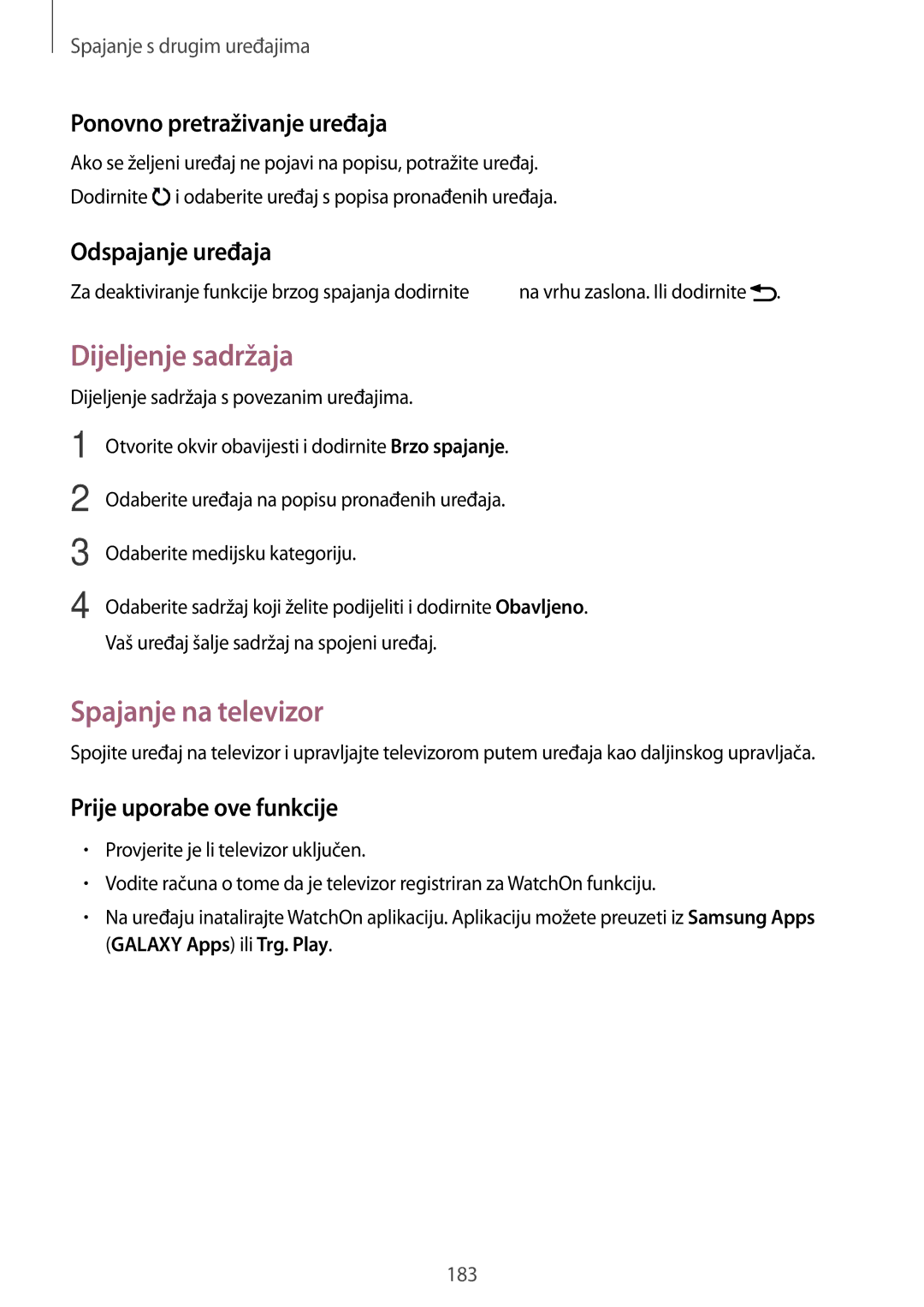 Samsung SM-G901FZKAVIP manual Dijeljenje sadržaja, Spajanje na televizor, Ponovno pretraživanje uređaja, Odspajanje uređaja 