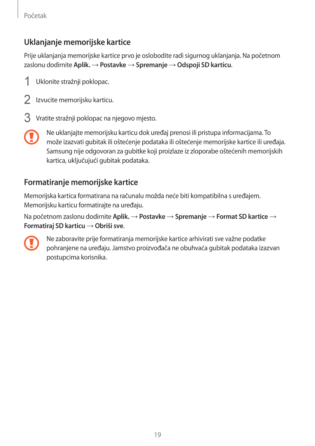 Samsung SM-G901FZKAVIP manual Uklanjanje memorijske kartice, Formatiranje memorijske kartice 