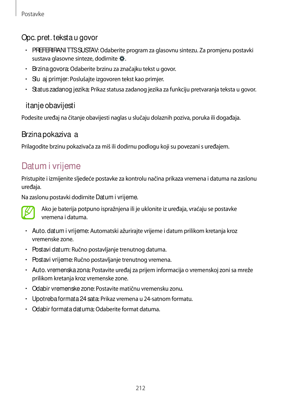 Samsung SM-G901FZKAVIP manual Datum i vrijeme, Opc. pret. teksta u govor, Čitanje obavijesti, Brzina pokazivača 