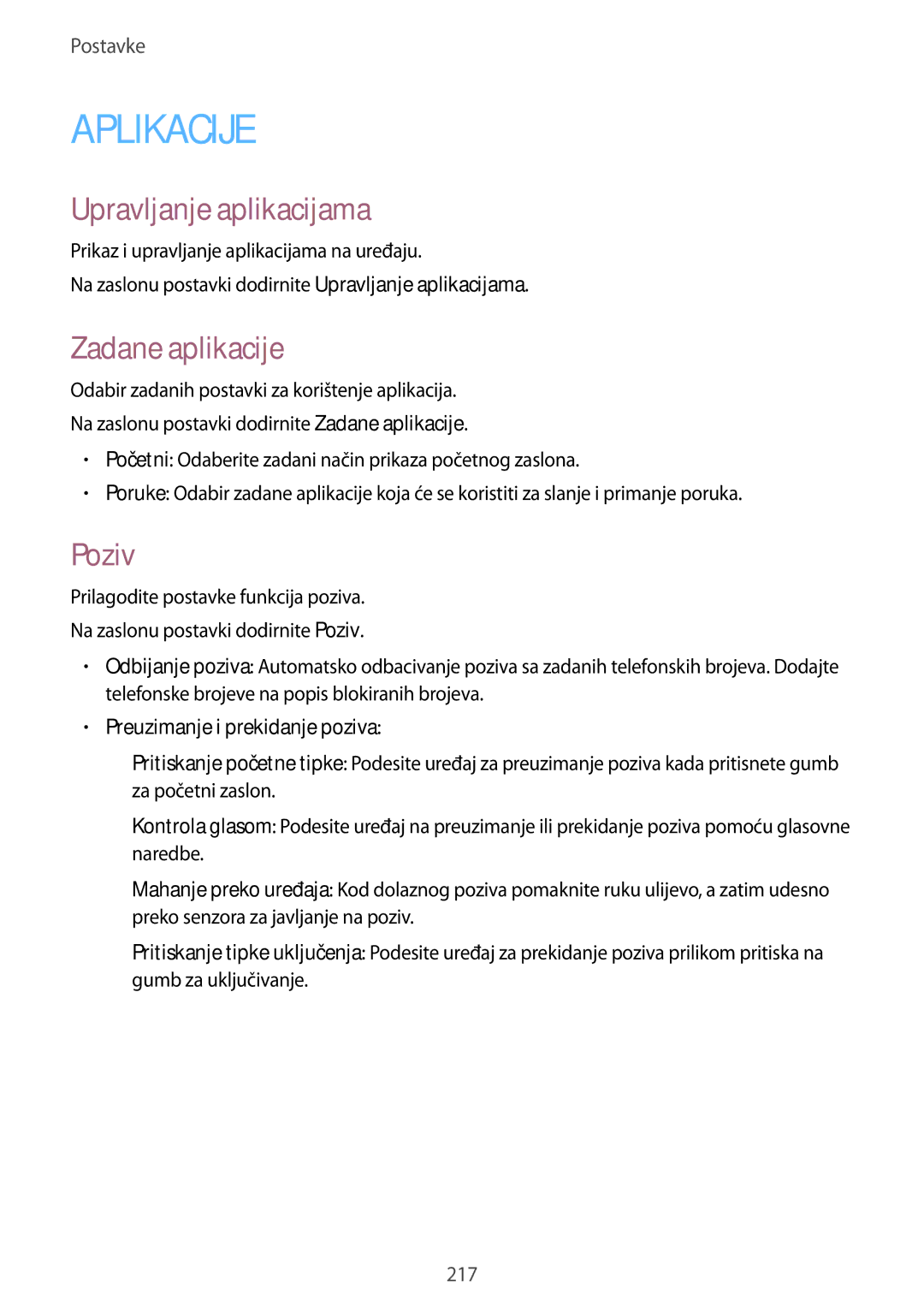 Samsung SM-G901FZKAVIP manual Zadane aplikacije, Poziv, Preuzimanje i prekidanje poziva 