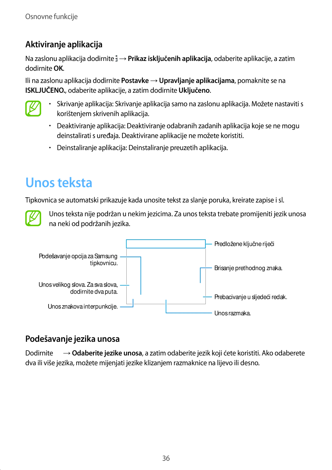 Samsung SM-G901FZKAVIP manual Unos teksta, Aktiviranje aplikacija, Podešavanje jezika unosa 