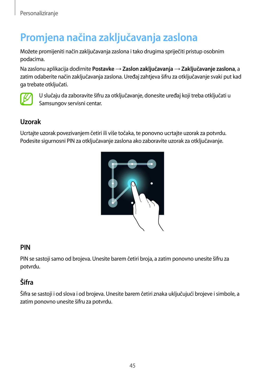 Samsung SM-G901FZKAVIP manual Promjena načina zaključavanja zaslona, Uzorak, Šifra 