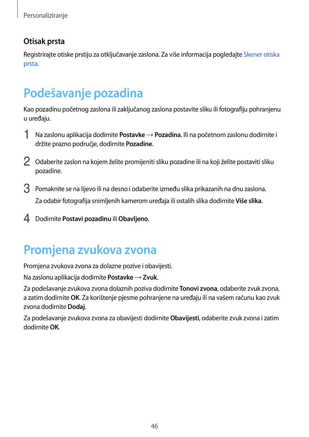 Samsung SM-G901FZKAVIP manual Podešavanje pozadina, Promjena zvukova zvona, Otisak prsta 