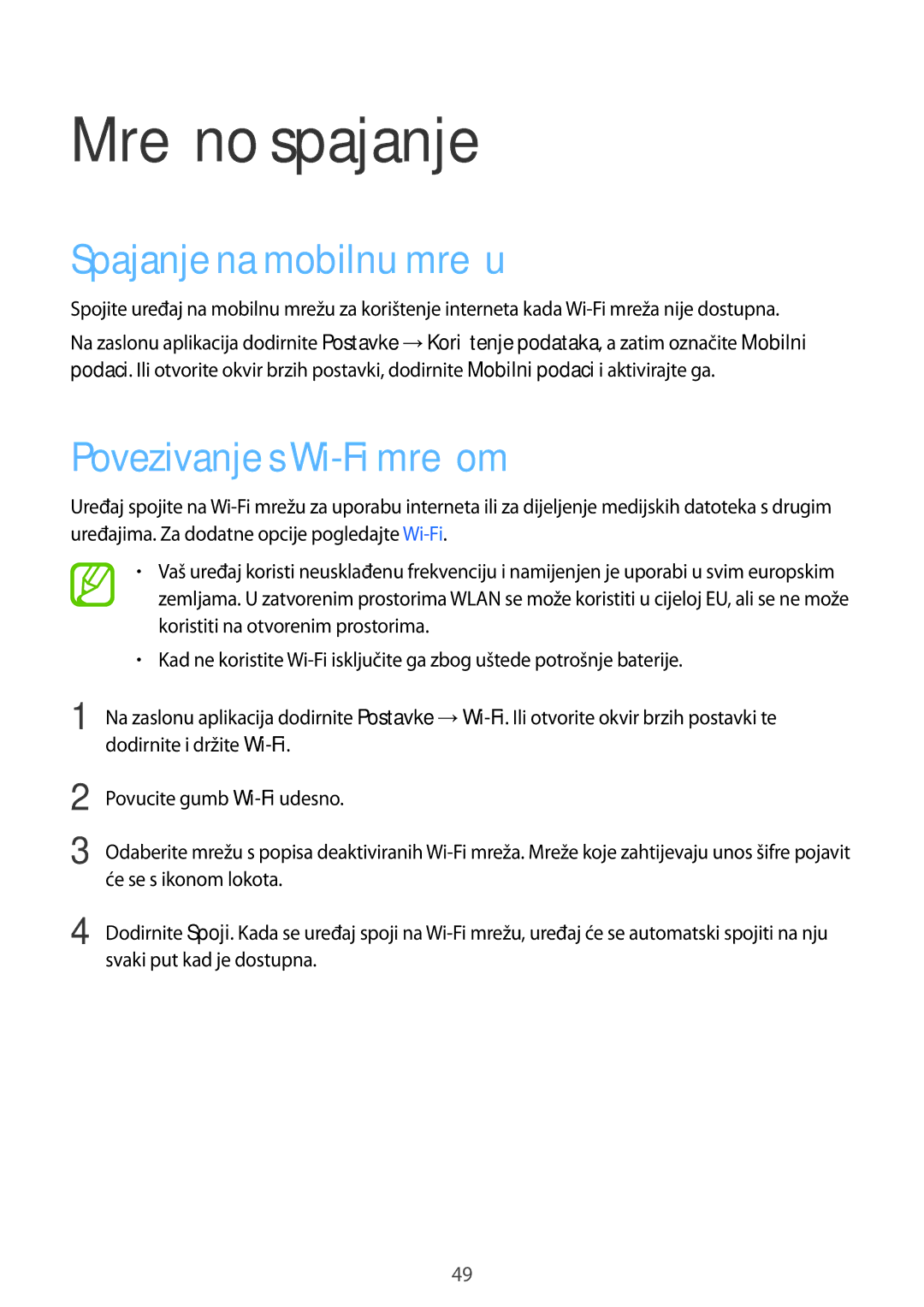 Samsung SM-G901FZKAVIP manual Mrežno spajanje, Spajanje na mobilnu mrežu, Povezivanje s Wi-Fi mrežom 