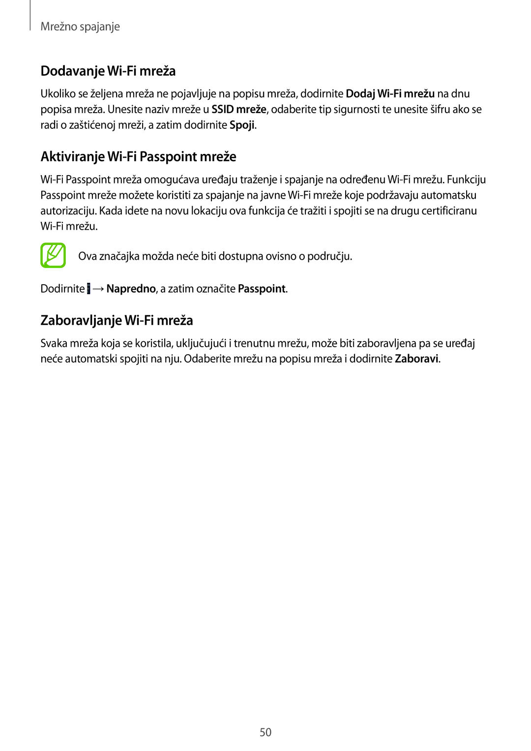 Samsung SM-G901FZKAVIP manual Dodavanje Wi-Fi mreža, Aktiviranje Wi-Fi Passpoint mreže, Zaboravljanje Wi-Fi mreža 