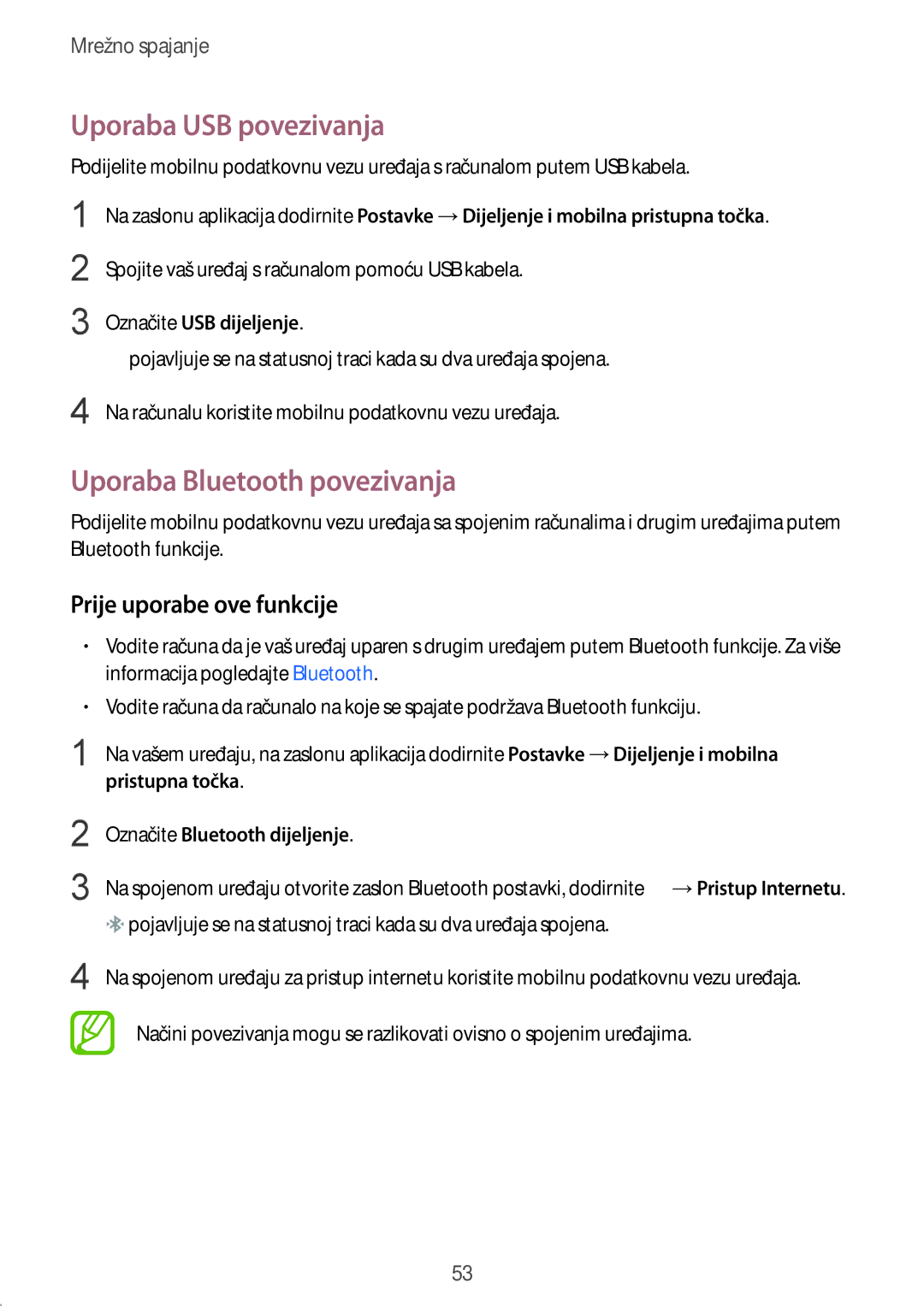 Samsung SM-G901FZKAVIP manual Uporaba USB povezivanja, Uporaba Bluetooth povezivanja, Označite USB dijeljenje 