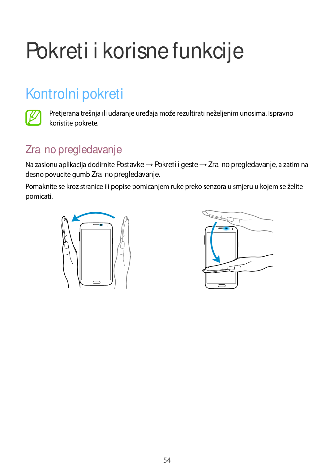 Samsung SM-G901FZKAVIP manual Pokreti i korisne funkcije, Kontrolni pokreti, Zračno pregledavanje 