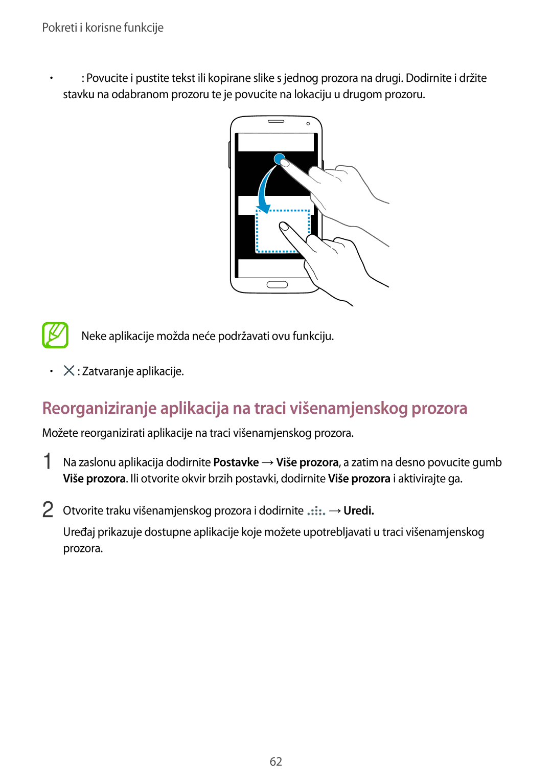 Samsung SM-G901FZKAVIP manual Reorganiziranje aplikacija na traci višenamjenskog prozora 