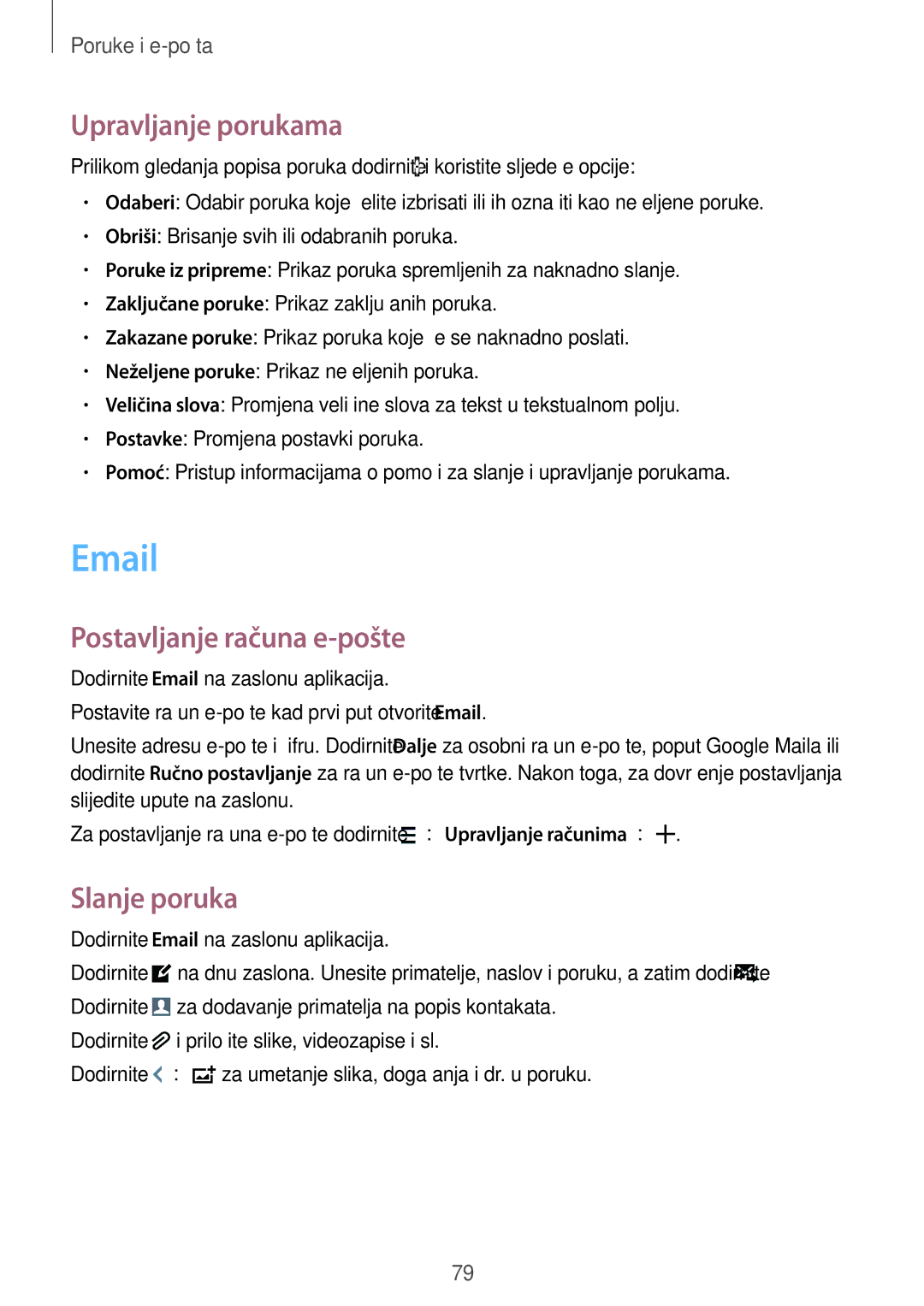 Samsung SM-G901FZKAVIP manual Upravljanje porukama, Postavljanje računa e-pošte 