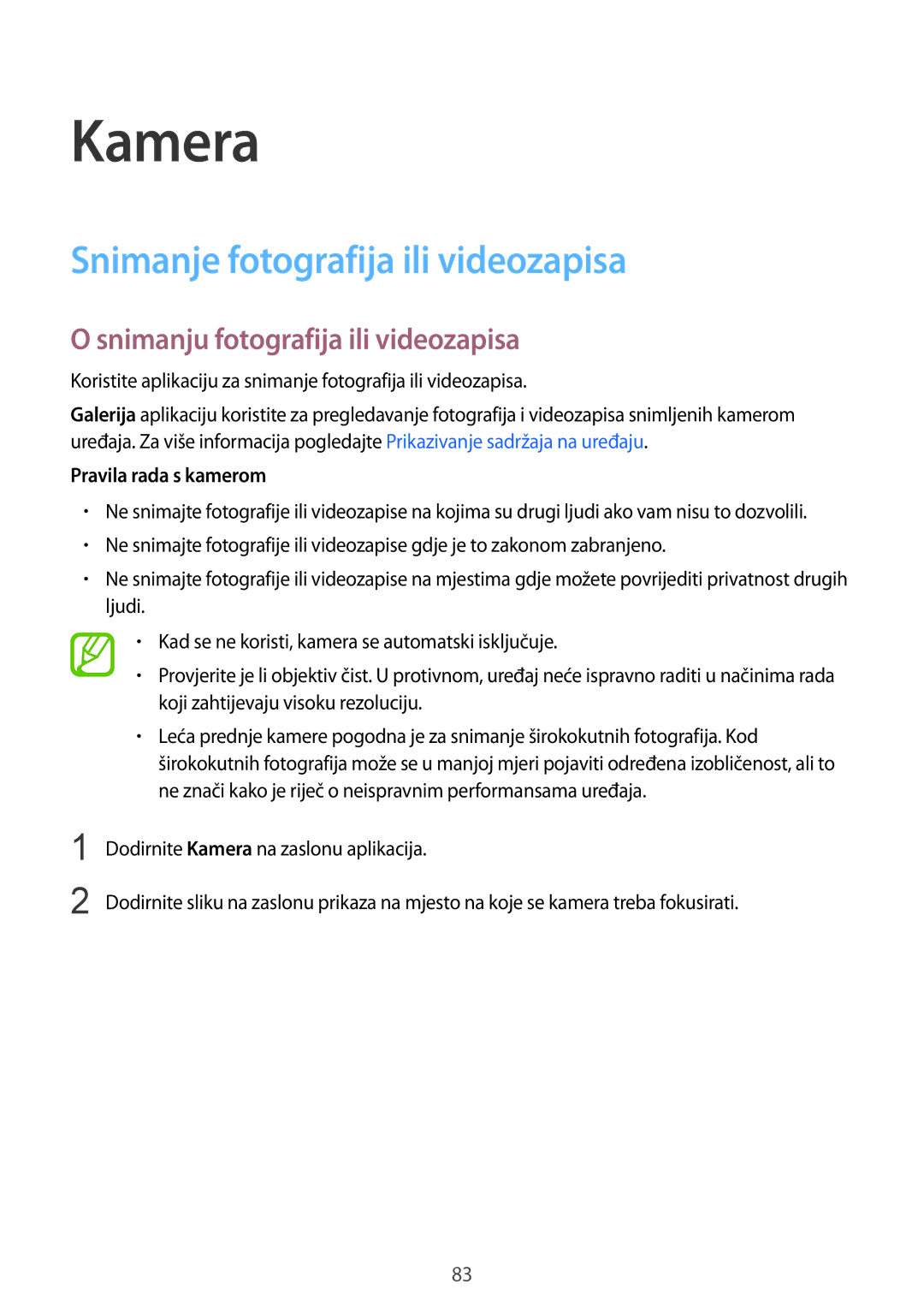 Samsung SM-G901FZKAVIP manual Kamera, Snimanje fotografija ili videozapisa, Snimanju fotografija ili videozapisa 