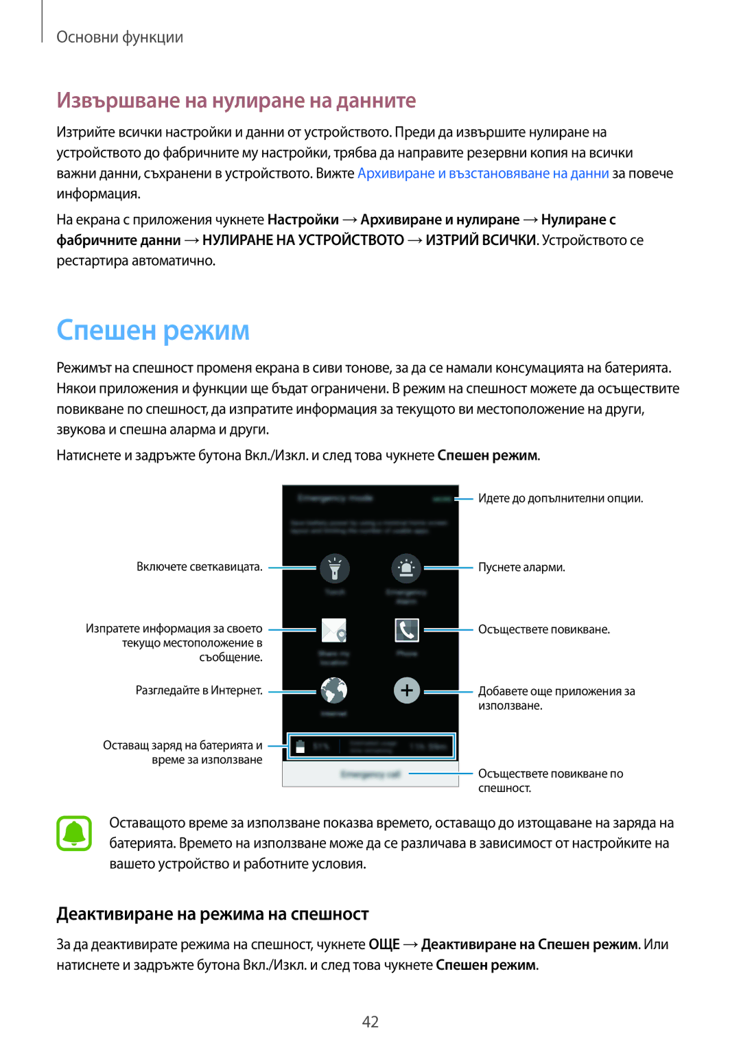 Samsung SM-G903FZKABGL manual Спешен режим, Извършване на нулиране на данните, Деактивиране на режима на спешност 