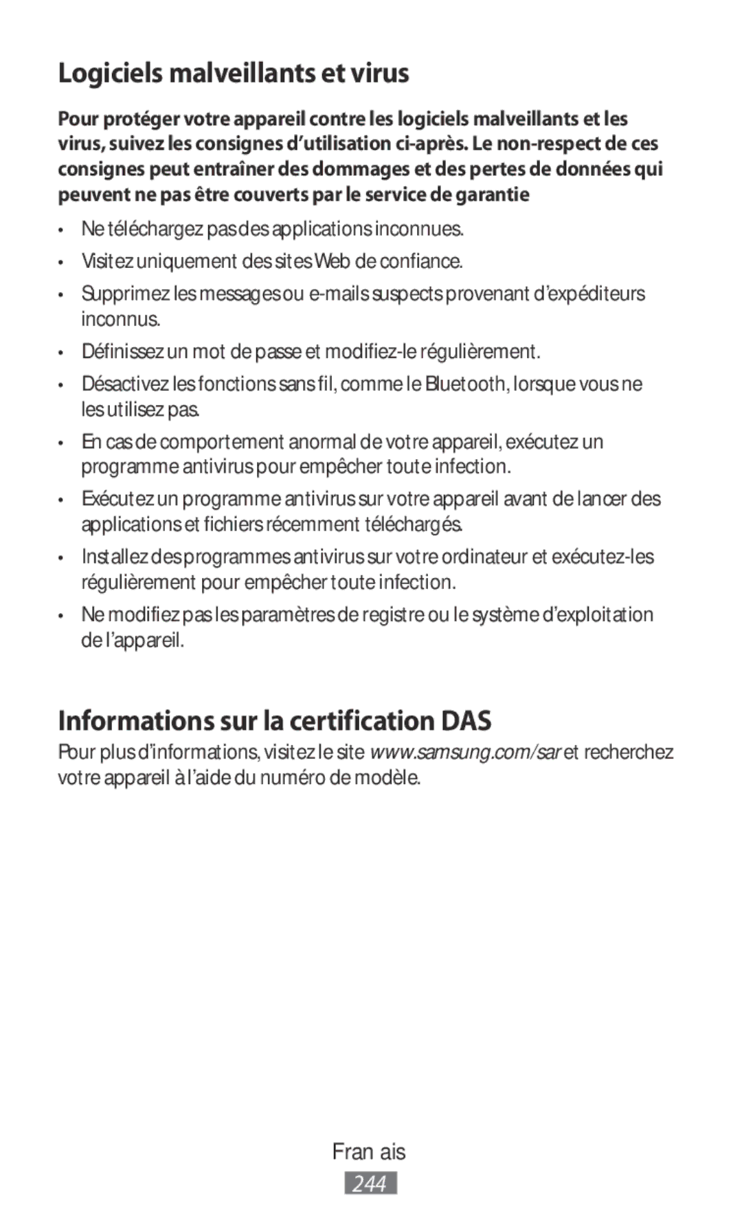 Samsung SM-G361FZWAO2C, SM-G903FZKADBT manual Logiciels malveillants et virus, Informations sur la certification DAS 