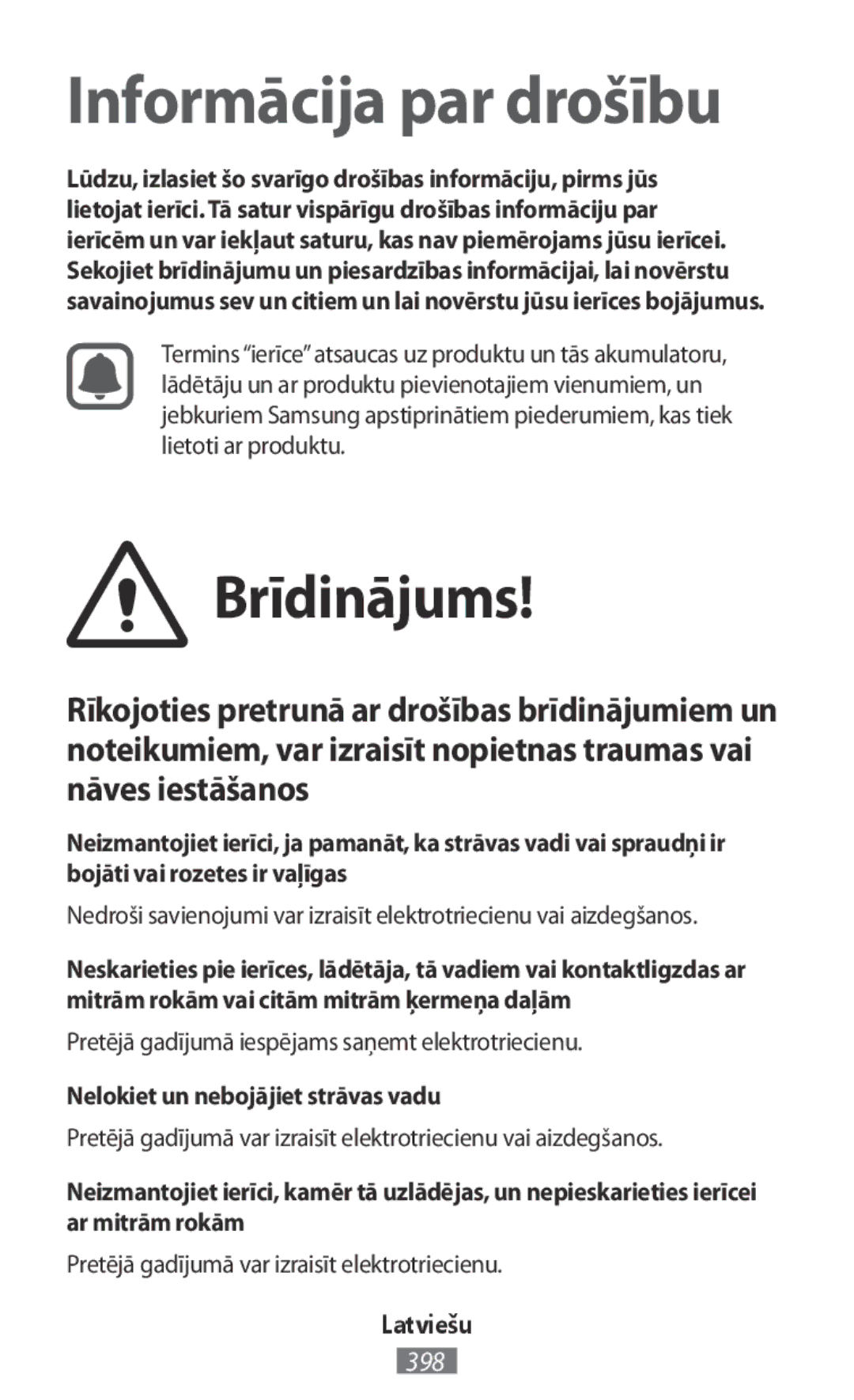 Samsung SM-G361HZSDXXV, SM-G903FZKADBT manual Brīdinājums, Pretējā gadījumā iespējams saņemt elektrotriecienu, Latviešu 