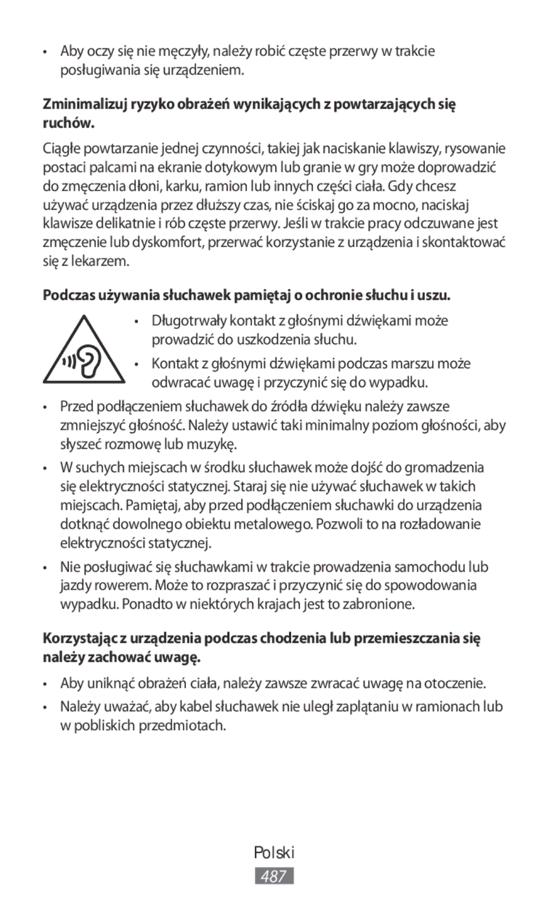 Samsung SM-G903FZSAORX, SM-G903FZKADBT, SM-G903FZDADBT manual Podczas używania słuchawek pamiętaj o ochronie słuchu i uszu 