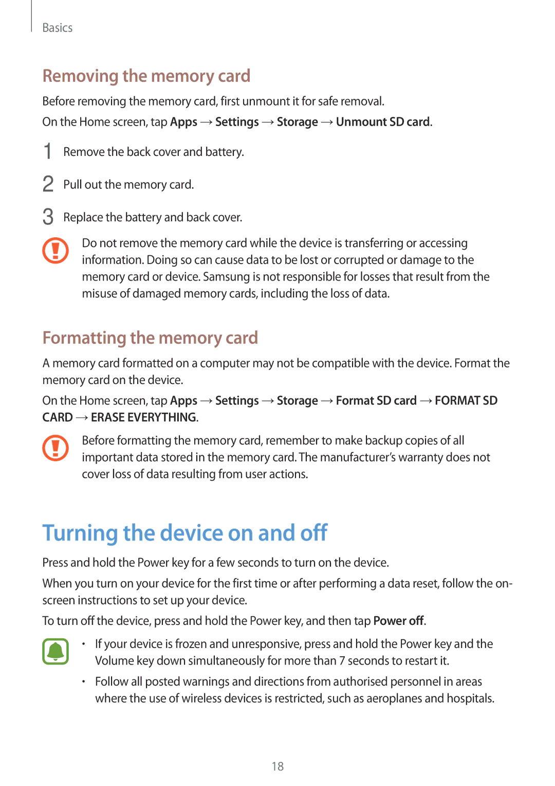 Samsung SM-G903FZDAEUR, SM-G903FZKADBT Turning the device on and off, Removing the memory card, Formatting the memory card 