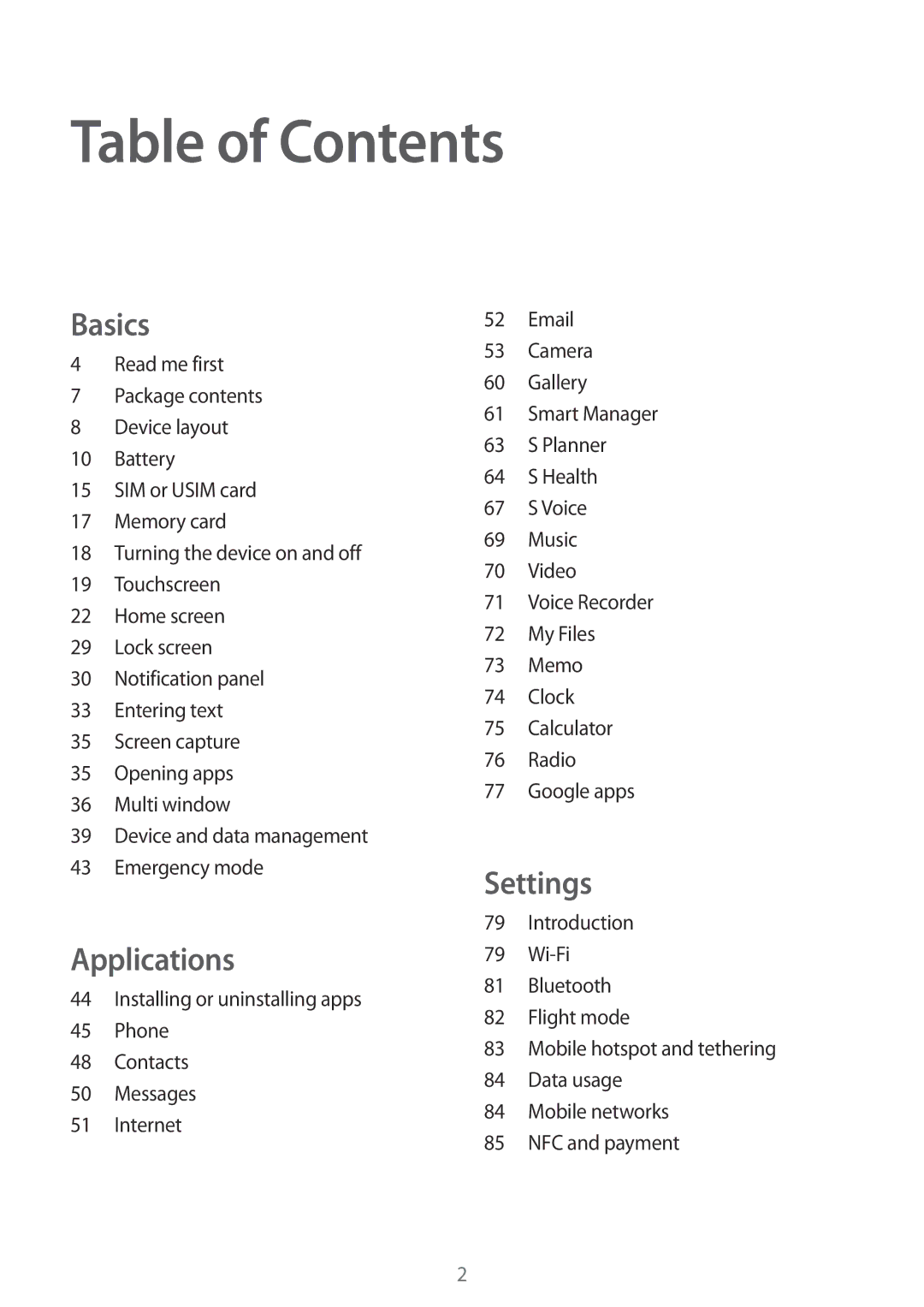 Samsung SM-G903FZSADBT, SM-G903FZKADBT, SM-G903FZDADBT, SM-G903FZSAXEF, SM-G903FZKAXEF, SM-G903FZDAXEF manual Table of Contents 