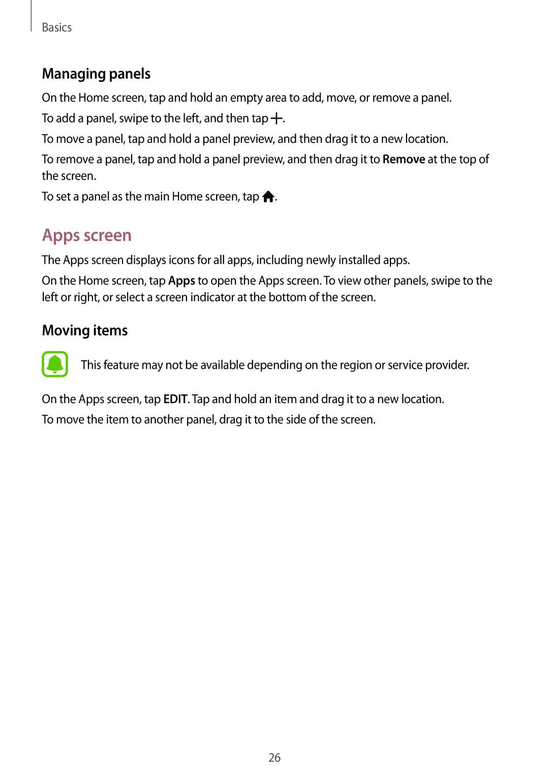 Samsung SM-G903FZKATIM, SM-G903FZKADBT, SM-G903FZDADBT, SM-G903FZSADBT manual Apps screen, Managing panels, Moving items 