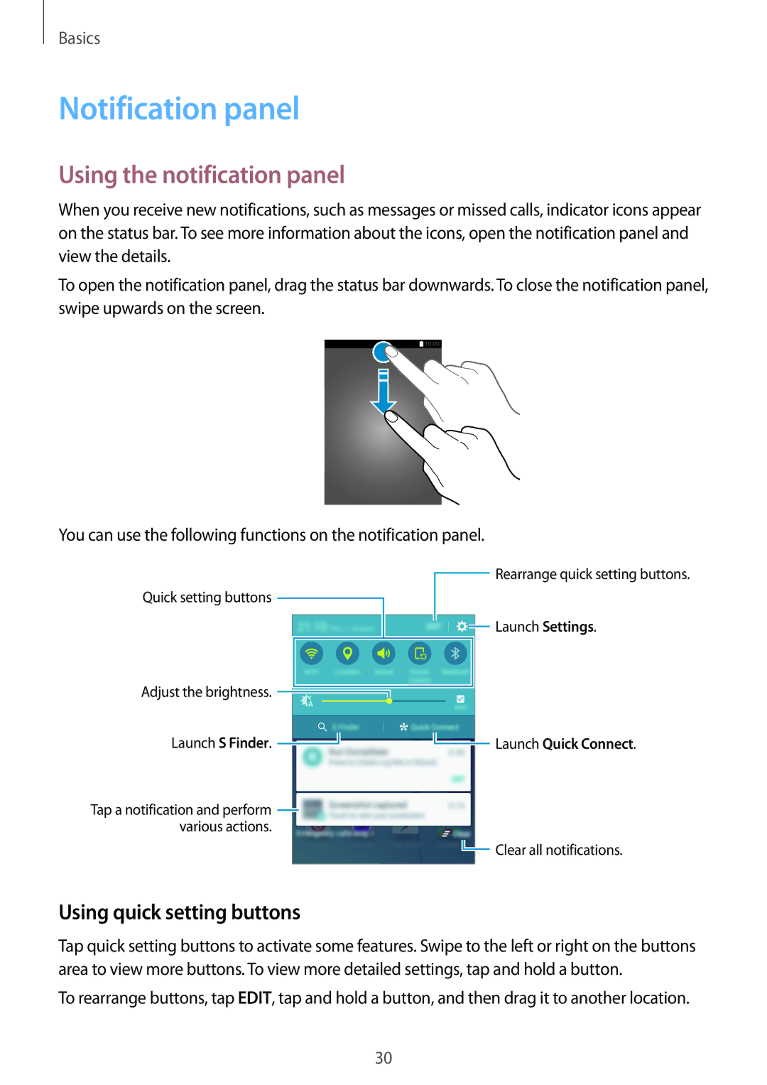 Samsung SM-G903FZDAPHE, SM-G903FZKADBT manual Notification panel, Using the notification panel, Using quick setting buttons 