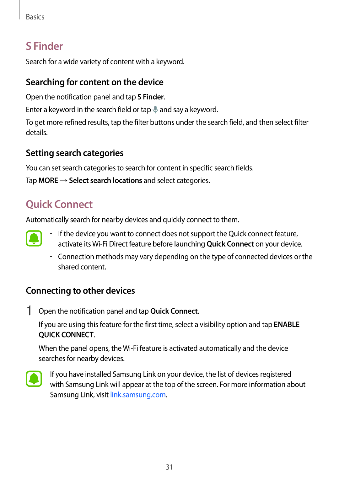 Samsung SM-G903FZKABGL manual Finder, Quick Connect, Searching for content on the device, Setting search categories 